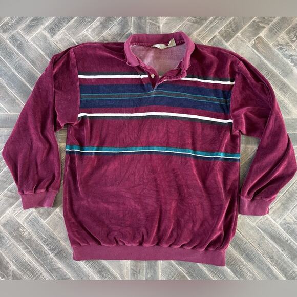 Vintage 80’s Christopher Hayes Velour Striped Maroon Polo Shirt | XL - Picture 1 of 7